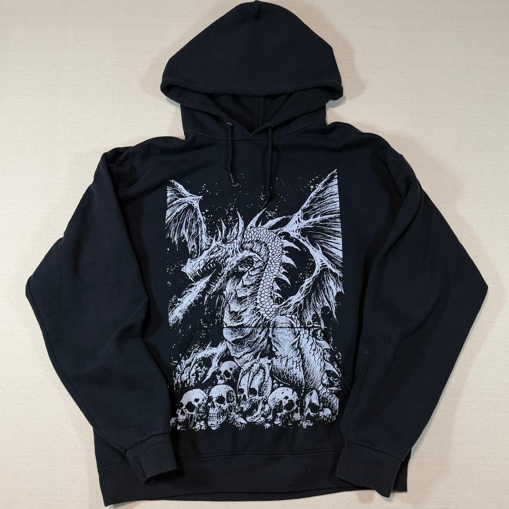 Y2K Dragon and Skulls Graphic Hoodie Gothic Wing Back Print Pullover Med Large